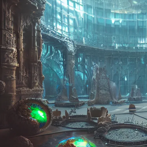 Image similar to magnificent fantasy terrarium, hyper realistic, global illumination, 8 k octane beautifully detailed render, post - processing, intricate futuristic mechanic parts, maya, blender, cinematic lighting + masterpiece, trending on artstation,