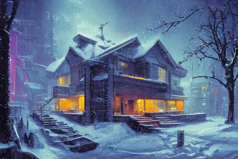 Image similar to cyberpunk, winter in the snow, external view of a 5 bedroom detached cyberpunk house in the UK, by Paul Lehr