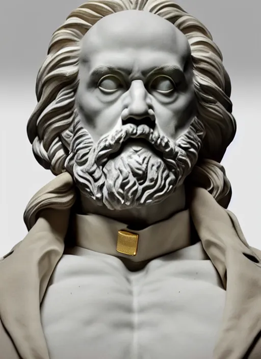 Prompt: a statue made of white marble with gold veins, of karl marx, transhumanism, full body shot, perfect symmetrical body, perfect symmetrical face, hyper realistic, hyper detailed, by johannen voss, by peter kemp, by monia merlo, by michelangelo, by ernst haeckel, by alex grey, octane render, blender, 8 k