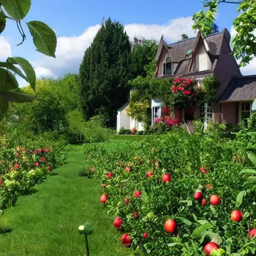 Prompt: A house with a large flower garden and two trees full of apples and pears, top post of all time on /r/curiousplaces subreddit