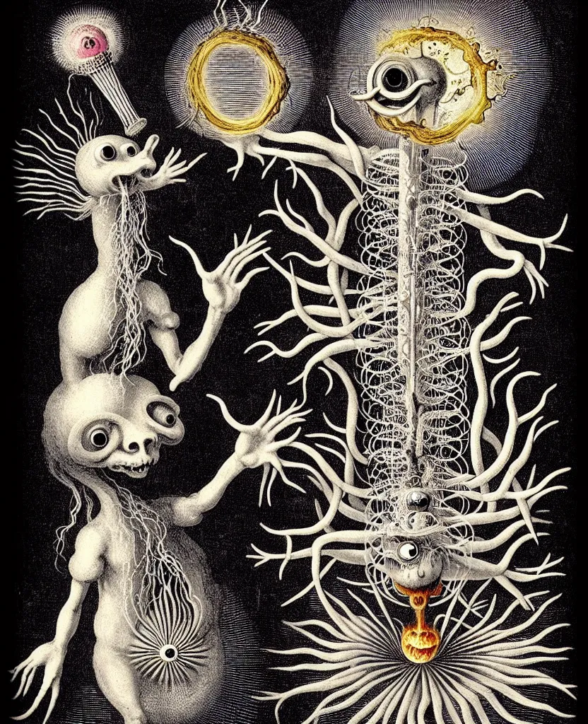 Image similar to whimsical freaky creature sings a unique canto about'as above so below'being ignited by the spirit of haeckel and robert fludd, breakthrough is iminent, glory be to the magic within