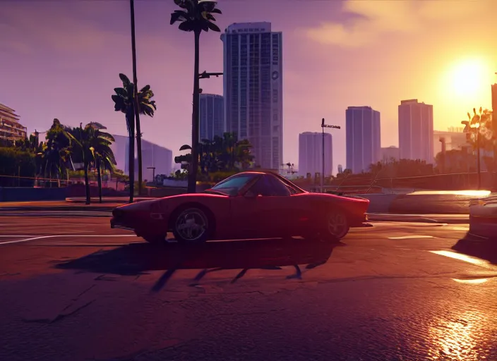 Image similar to still next - gen ps 5 game grand theft auto 6 2 0 2 4 remaster, graphics mods, rain, red sunset, people, rtx reflections, gta vi, miami, palms and miami buildings, photorealistic screenshot, unreal engine, 4 k, 5 0 mm bokeh, close - up generic sports car, gta vice city remastered, artstation