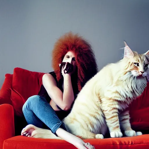 Prompt: ”huge orange maine coon cat biting the nose of a red bearded viking resting on a couch, [cinematic, photorealistic, dslr, portrait, photography, annie leibowitz]”