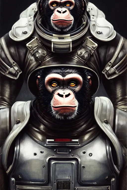 Image similar to a portrait of a muscular anthropomorphic cyberpunk chimp in spacesuit armor with ensignia on chest plate by sandra chevrier, by jon foster, detailed render, post - processing, extremely hyperdetailed, intricate, epic composition, cybernetics, 4 k realistic, cryengine, realistic shaded lighting, sharp focus, masterpiece, by enki bilal