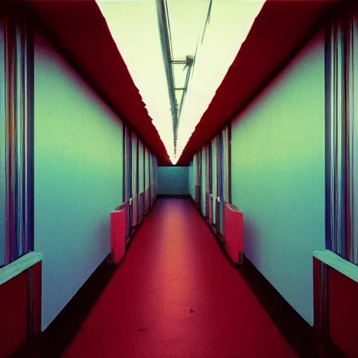 Image similar to noisy color photograph of a retrofuturist liminal space, twisting hallways, minimalist, cinematic, soft vintage glow