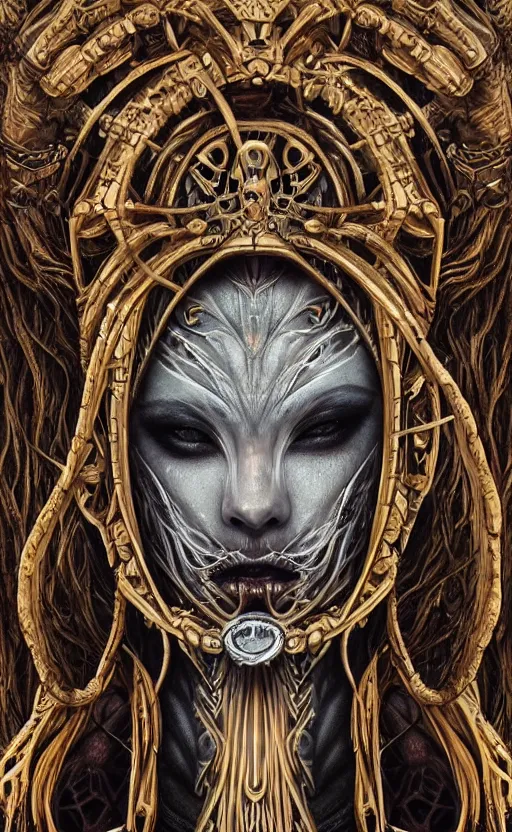 Image similar to Elden Ring themed painting of hybrid majestic aztec warrior princess fantasy biomechanical human beautiful immortal feminine angel symmetrical face angry mask closeup face breathing mask tattoo pattern golden ratio concept, deep forest psytrance Neo-Gothic concept, infinity glyph waves, intricate artwork masterpiece, very coherent artwork, cinematic, full frontal facial features by Artgerm, Takato Yamamoto, Zdizslaw Beksinski, Johnatan Wayshak, Moebius, Ayami Kojima, very coherent artwork, trending on cgsociety, ultra high quality model, production quality cinema model, high detail chromatic ink outline, octane render, unreal engine 8k, hyper realism, high detail, octane render, unreal engine, 8k, High contrast