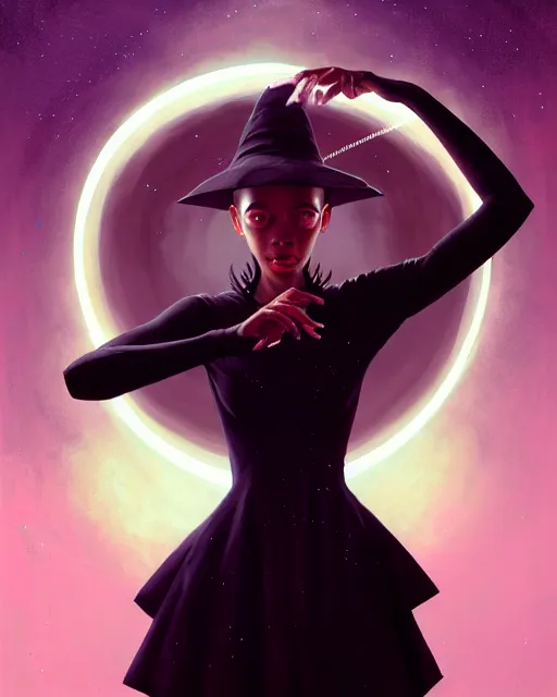 Image similar to high angle picture of a black dress witch researching about the azathoth, model pose, very brightening eyes, huge magic circles on the hand, magic and fantasy, extremely beautiful and aesthetic and detailed cute face, specular reflection, occlusion shadow, intricate, masterpiece, by ilya kuvshinov and jeremy lipking and quentin mabille