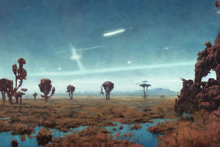 Image similar to 5 0 s pulp scifi illustration, space explorers in beautiful landscape, plain stretching into distance, pond, baobab trees, distant mountains, painted by bergey, craig mullins, john berkey, ruan jia, raymond swanland, jeremy mann, beksinski, jack kirby, tom lovell, alex malveda, schomburg