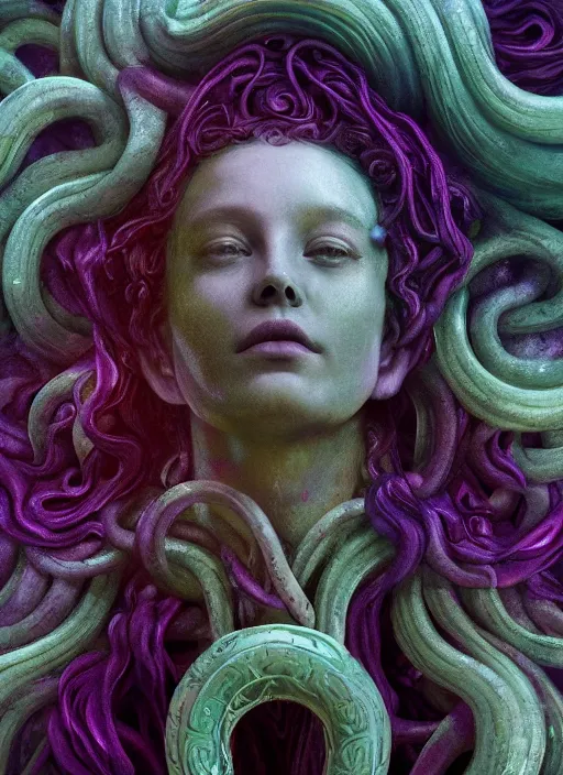 Image similar to medusa made of soft wax, wooden art nouveau swirls, strong subsurface scattering, cables, tubes, subsurface scattering, in the style of ruan jia and beeple and giger, subsurface scattering, mystical colors, back light, rim light, dramatic lighting, 8 k, stunning scene, raytracing, octane render, trending on artstation
