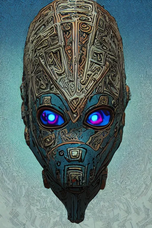 Image similar to tribal vodoo mask eye radiating a glowing aura global illumination ray tracing hdr fanart arstation by ian pesty and katarzyna da „ bek - chmiel that looks like it is from borderlands and by feng zhu and loish and laurie greasley, victo ngai, andreas rocha, john harris wooly hair cut feather stone