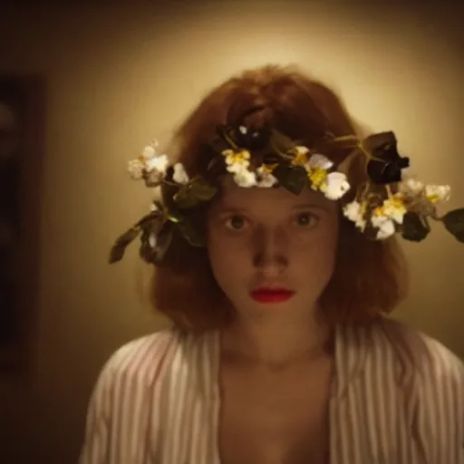 Prompt: movie still of the girl with the flowers head, cinematic composition, cinematic light, by edgar wright and david lynch, horror cinema