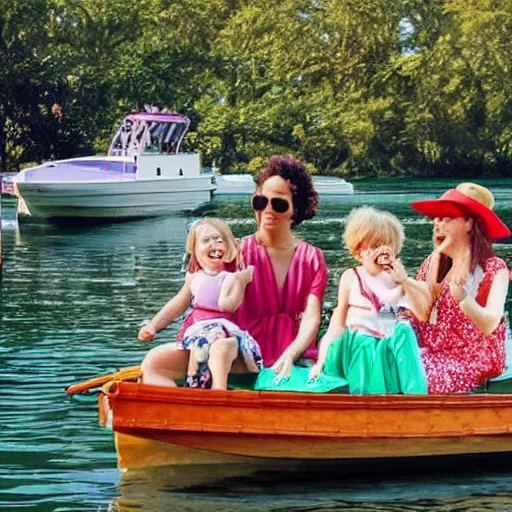 Image similar to The installation art depicts a group of well-dressed women and children enjoying a leisurely boat ride on a calm day. The women are chatting and laughing while the children play with a toy boat in the foreground. hunter green, cardinal by Moebius angular