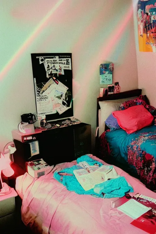 Image similar to agfa vista 4 0 0 photograph of a cluttered 9 0 s teenagers bedroom, synth vibe, vaporwave colors, lens flare, moody lighting, moody vibe, telephoto, 9 0 s vibe, blurry background, grain, tranquil, calm, faded!,