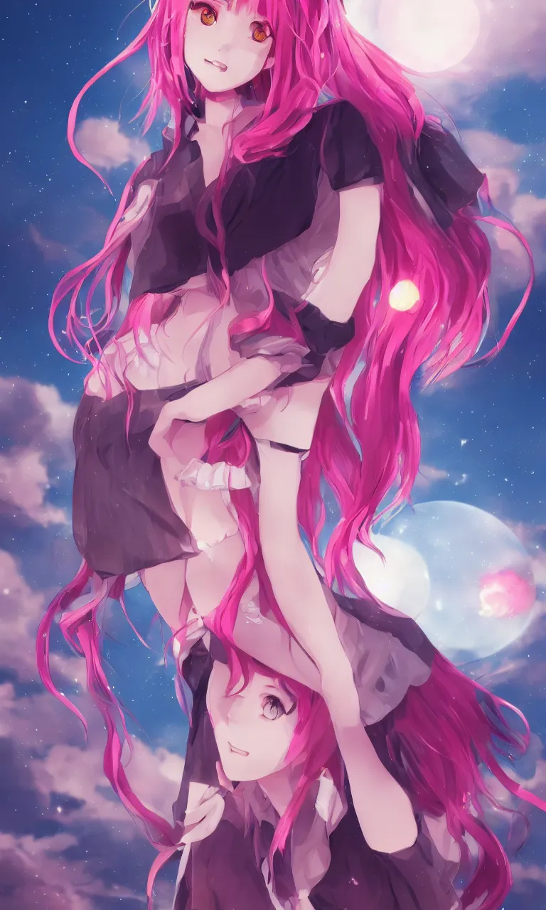 Image similar to A beautiful anime cat girl with pink hair, digital art, cgsociety, trending on artstation, sunset background with shooting stars in the sky