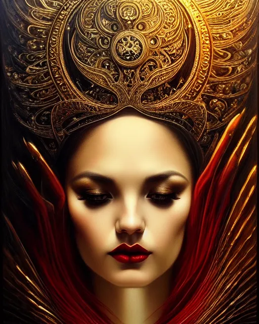 Image similar to portrait of a beautiful goddess, enigmatic beauty, dominant shades of black, gold silver, dark red, white, head in focus, fantasy art, ornamental aesthetics, intricate, elegant, highly detailed, hyperrealistic, artstation, concept art, soft illumination, painterly, sharp focus, by karol bak