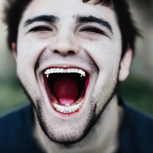 Prompt: 50mm photo of a vampire smiling with large fangs