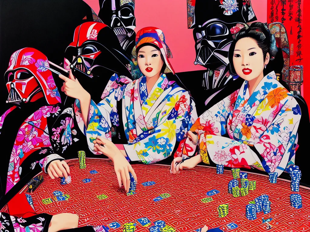 Image similar to hyperrealism composition of the detailed woman in a japanese kimono sitting at an extremely detailed poker table with darth vader, fireworks on the background, pop - art style, jacky tsai style, andy warhol style, acrylic on canvas