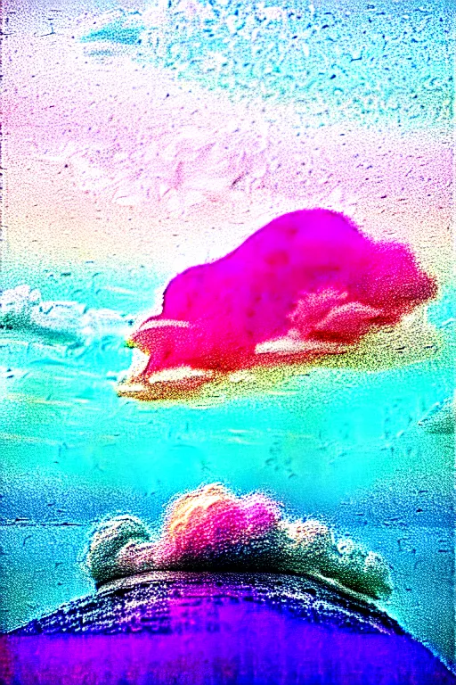 Image similar to high quality pastel coloured film close up wide angle photograph of a model wearing clothing swimming on cloud furniture in a icelandic black rock!! environment in a partially haze filled dreamstate world. three point light, rainbow. photographic production. art directed. pastel colours. volumetric clouds. pastel gradient overlay. waves glitch artefacts. extreme facial clarity. 8 k. filmic.