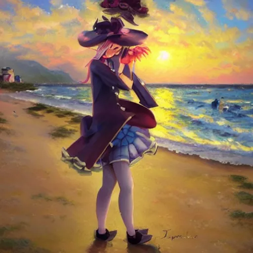 Prompt: Beautiful portrait of Kirisame Marisa from the Touhou project at the beach at sunset, touhou project official artwork, danbooru, oil painting by Antoine Blanchard, low detail, sold at an auction, oil on canvas , wide strokes, pastel colors, soft lighting, low contrast