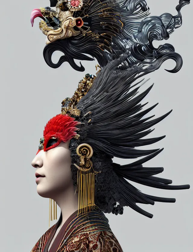 Image similar to 3 d goddess in robe close - up profile portrait with ram skull. beautiful intricately detailed japanese crow kitsune mask and clasical japanese kimono. betta fish, jellyfish phoenix, bio luminescent, plasma, ice, water, wind, creature, artwork by tooth wu and wlop and beeple and greg rutkowski