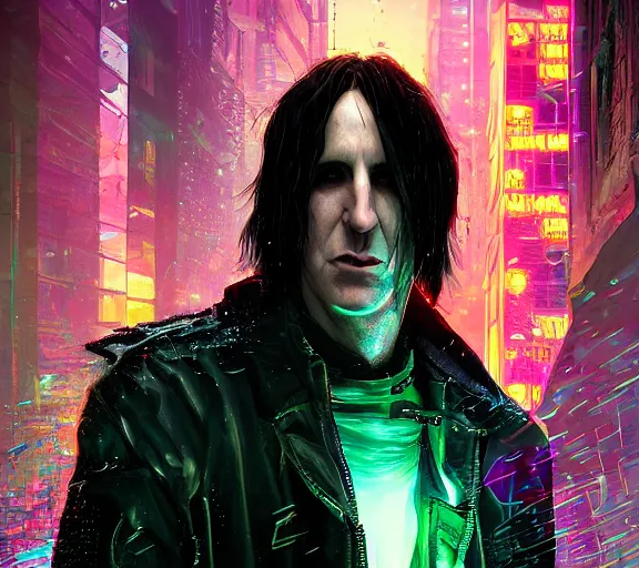 Image similar to an epic fantasy comic book style full body portrait painting of a very beautiful synthwave cyberpunk industrial goth trent reznor as snape in the rain, neon reflections in the rain puddles, character design by mark ryden and pixar and hayao miyazaki, unreal 5, daz, hyperrealistic, octane render, cosplay, rpg portrait, dynamic lighting, intricate detail, cinematic