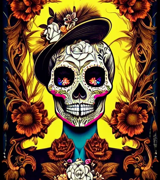 Prompt: a gorgeous fancy skull lady by dan mumford and gil elvgren, sugar skull, hyperrealism, intricate details, exceptional beauty, fool, high contrast