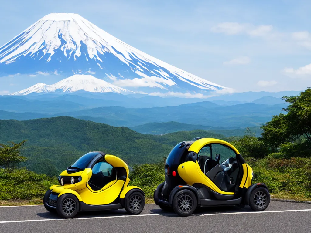 Image similar to Renault Twizy parked at a scenic viewpoint with mount Fuji in the background, manga visual