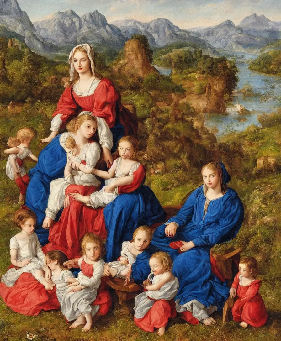 Prompt: Detailed Portrait of beautiful Madonna with two children playing in the style of Raffael. Children are very small and only cloth is blue linen. Madonna has a blue skirt and a red shirt. They are sitting in a dried out meadow. In the background, there is a lake with a town and mountains. Flat perspective.