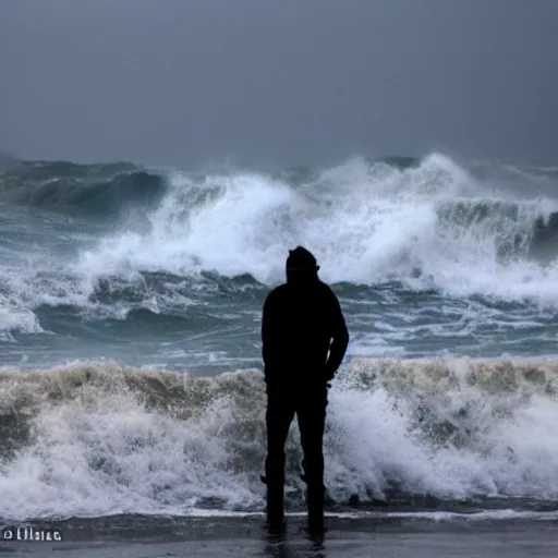 Prompt: the last man is standing hip deep in wild ocean waves