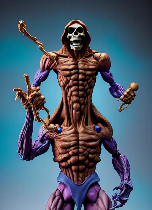 Image similar to hyperrealistic rendering, skeletor by bernie wrightson and killian eng and joe fenton, product photography, action figure, sofubi, studio lighting, colored gels