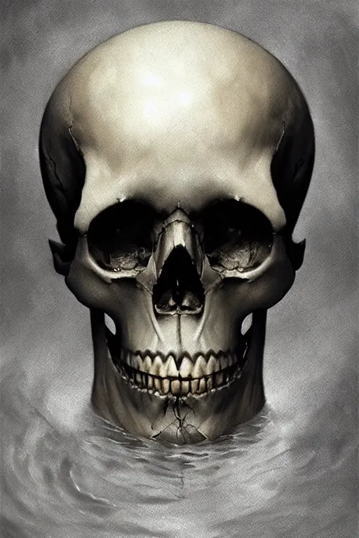 Prompt: a human skull floating in deep dark murky water!!!, underwater atmospheric moody, dark surreal mood! cinematic volumetric lights, bust portrait, dnd, fantasy, intricate, elegant, highly detailed, digital painting, artstation, concept art, smooth, sharp focus, illustration, art by artgerm and tom bagshaw and greg rutkowski and alphonse mucha