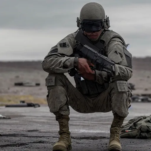 Prompt: Special Forces soldier in grey uniform with black body armor lies dying with a missing leg after stepping on a mine in 2022, photo by Adam Ferguson, Pulitzer Winning, cinematic composition, breathtaking, modern, 2022