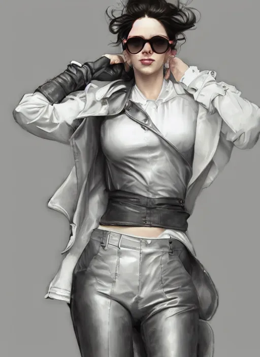 Prompt: girl in very short white! top and very short gray! leather jacket, open belly, long dark curly hair, glasses up lifted forehead, high waist sweatpants, intricate, elegant, highly detailed, digital painting, artstation, concept art, smooth, illustration, art by artgerm and greg rutkowski and alphonse mucha