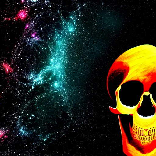 Image similar to black background, with a foreground of a symmetrical skull with a texture of paint pour modern abstract very detailed 8 k 4 k canvas, fractal, cosmic alien worlds, nebula, galactic, planets, space, extreme details