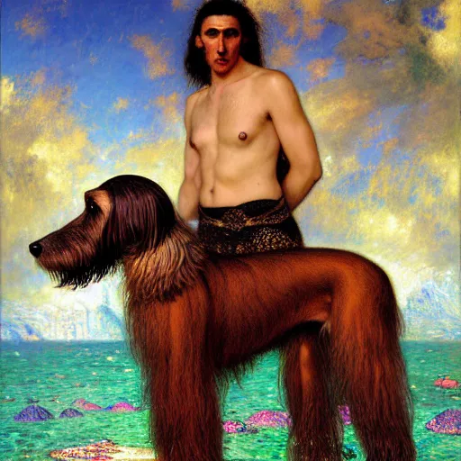 Prompt: portrait of a male furry afghan hound dog in a swimsuit. shadowrun furaffiniy cyberpunk fantasy highly detailed painting by gaston bussiere craig mullins jc leyendecker gustav klimt artgerm greg rutkowski john berkey, bergey, craig mullins, ruan jia, raymond swanland, jeremy mann, tom lovell, alex malveda