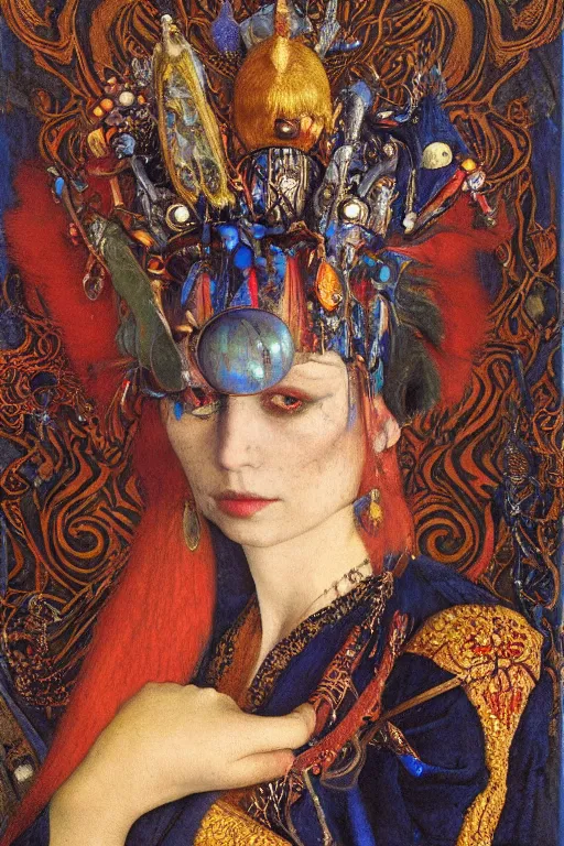 Prompt: portrait of the queen of crows, by Donato Giancola and John Bauer and Vermeer, embroidered velvet, iridescent beetles, rich color, ornate headdress, flowing robes, sacred artifacts, lost civilizations,featured on Artstation, cgisociety, unreal engine, extremely detailed