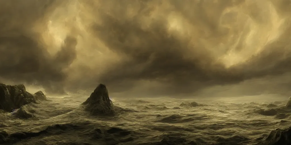 Image similar to photorealistic strange concept art of cthulhu emergin from the sea, by katrina van grouw and bruce mahalski. an epic landscape, with ominous storm clouds, a gentle rising mist. occult photorealism, uhd, amazing depth, glowing, golden ratio, 3 d octane cycle unreal engine 5, volumetric lighting, cinematic lighting, cgstation artstation concept art