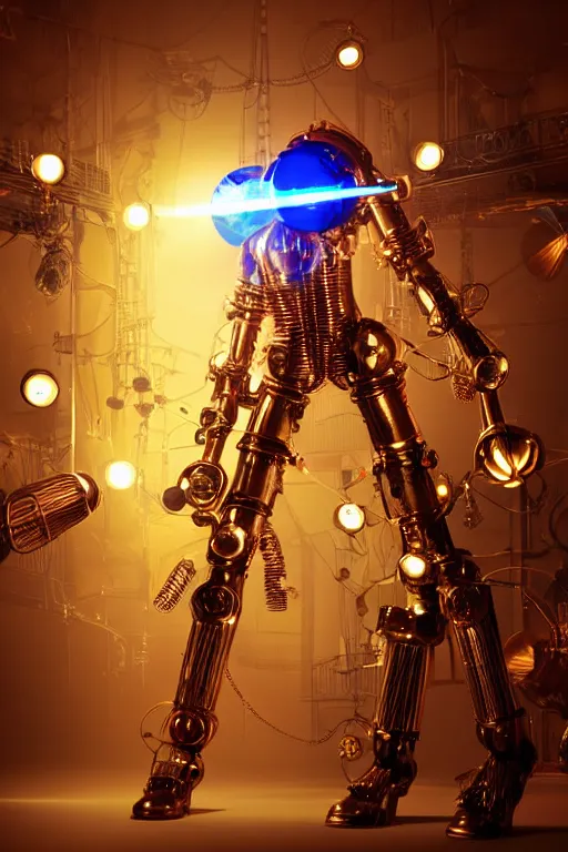 Prompt: portrait photo of a giant huge golden and blue metal humanoid steampunk robot female singer with a human face and gears and tubes, in the foreground is a big red glowing microphone, eyes are glowing red lightbulbs, shiny crisp finish, 3 d render, 8 k, insaneley detailed, fluorescent colors, background is multicolored lasershow