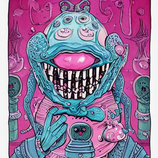 Image similar to crying cute eyes mouth pink ice cream, blue waffle cone, jester themed, intricate concept art, thick line drawing, 1 9 8 3 horror painted book cover art