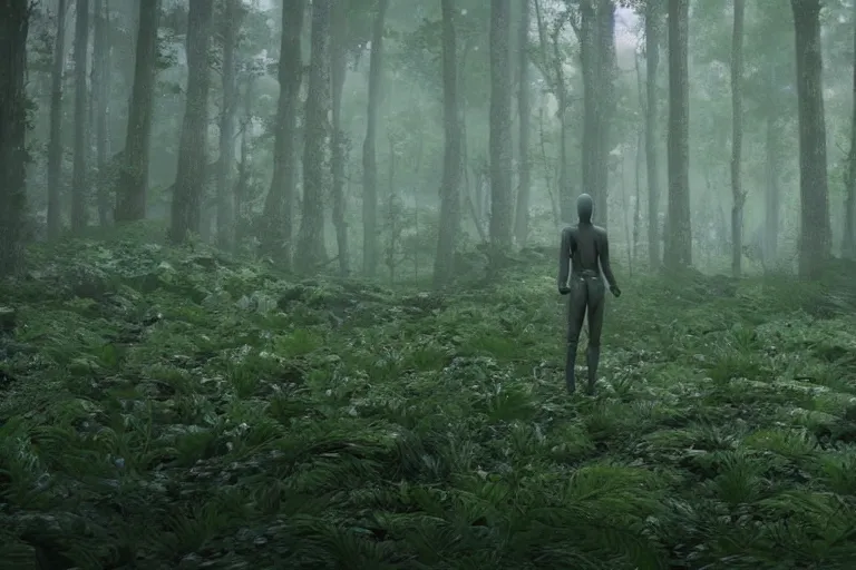 Image similar to a complex organic fractal 3 d ceramic humanoid floating in a lush forest, foggy, cinematic shot, photo still from movie by denis villeneuve