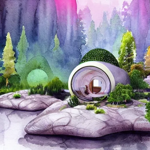 Prompt: beautiful happy picturesque charming sci - fi modular organic pod - like homes of the future in a beautiful natural scene. water, trees and rocks. beautiful light. soft colour scheme. beautiful artistic detailed watercolor by lurid. ( 2 0 2 2 )