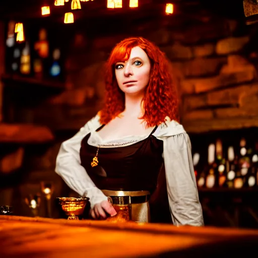 Image similar to beautiful bar maid with auburn hair, in a medieval tavern at night, dramatic, cinematic, filmic, 7 5 mm, f / 1. 8