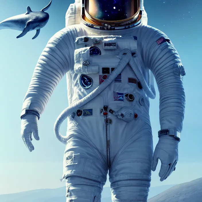 Image similar to astronaut suit in the shape of a whale, epic professional digital art, best on artstation, cgsociety, wlop, behance, pixiv, cosmic, epic, stunning, gorgeous, much detail, much wow, masterpiece by dorian cleavanger and stanley lau