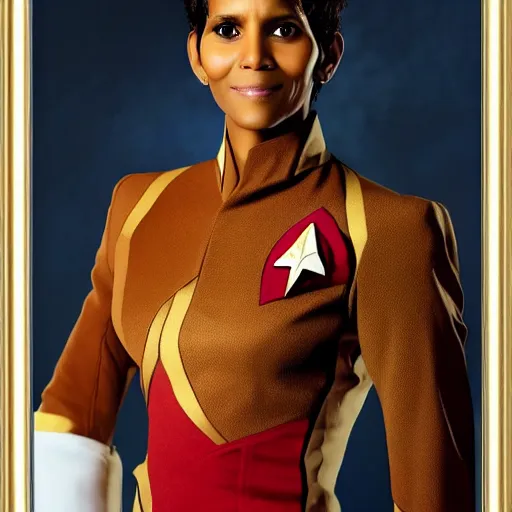 Image similar to a beautiful full body photograph of halle berry as a star fleet admiral from star trek next generation, full dress uniform, symmetrical face, extreme realism and detail, 8 k, completely framed, direct lighting, 3 5 mm photo, photorealistic, sharp focus