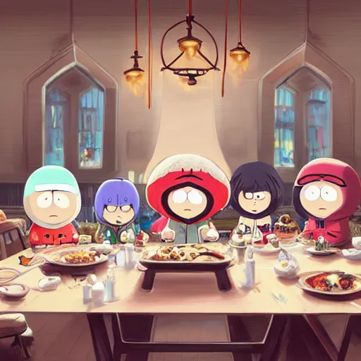 Image similar to milk - chan and ike from south park and stewie from family guy and bobby from bobby's world all sitting at the dinner table. in the style of the last supper by ruan jia fenghua zhong, ryohei hase, ismail inceoglu