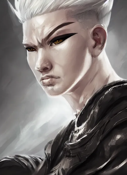 Image similar to a highly detailed illustration of fierce short white haired parted through the middle young attractive asian man, wearing hakama, with black sclera eyes, heroically posing, muscular, intricate, elegant, highly detailed, centered, digital painting, artstation, concept art, smooth, sharp focus, league of legends concept art, WLOP