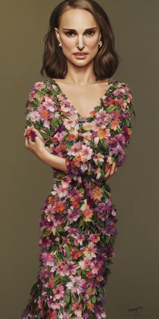 Prompt: Natalie Portman, wearing a long floral dress, very detailed portrait, ultrarealistic, dramatic lighting, electrical details, high details, 4k, 8k, best, accurate, trending on artstation, fur, artstation, photorealism, ultrarealistic, digital painting, style of Dali, Caravaggio, Boris Vallejo