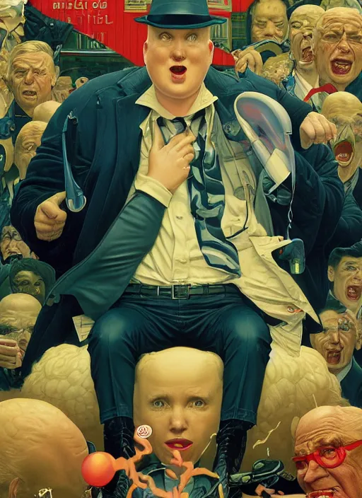 Image similar to poster artwork by Michael Whelan and Tomer Hanuka, Karol Bak of Jim Gaffigan hitman in peacoat chewing bubblegum, from scene from Twin Peaks, clean, simple nostalgic, domestic, norman rockwell