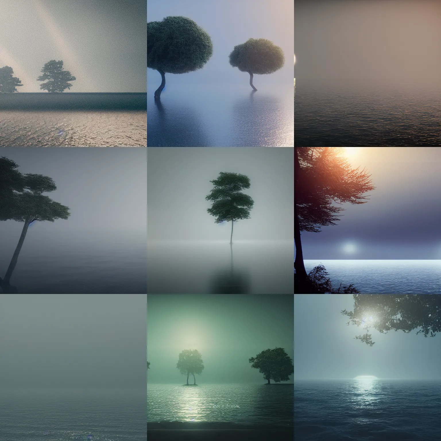 Prompt: 3 trees on the sea, hazy, foggy, atmospheric perspective, volumetric fog, cinematic, 35mm lens, anamorphic lens flare, photographic, octane render, cinematography by roger deakins, in the style of ansel adams, low details,