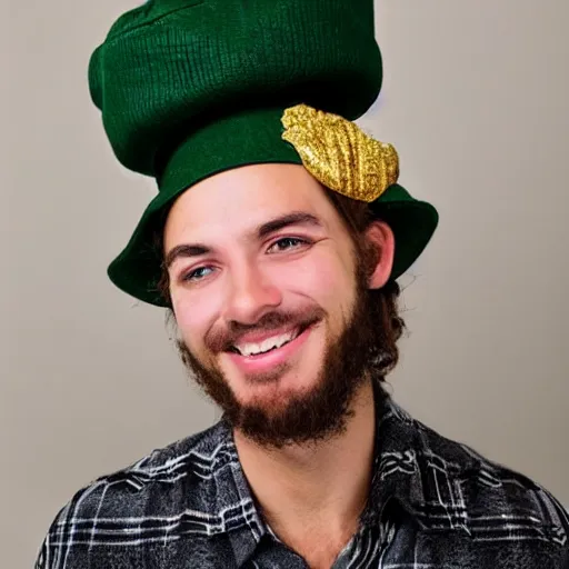 Prompt: Guy wearing a cucumber for a hat, French guy, gold and lace